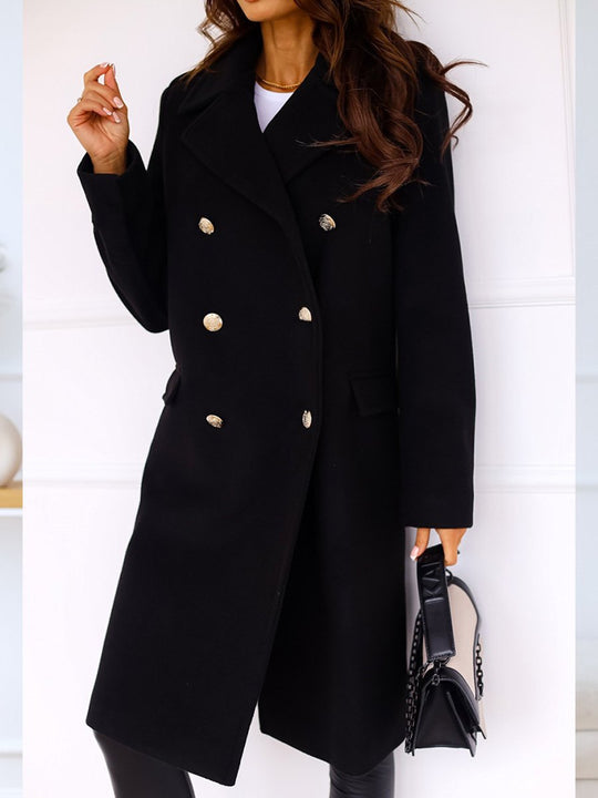 Lapel Double-breasted Simple Long-sleeved Woolen Coat