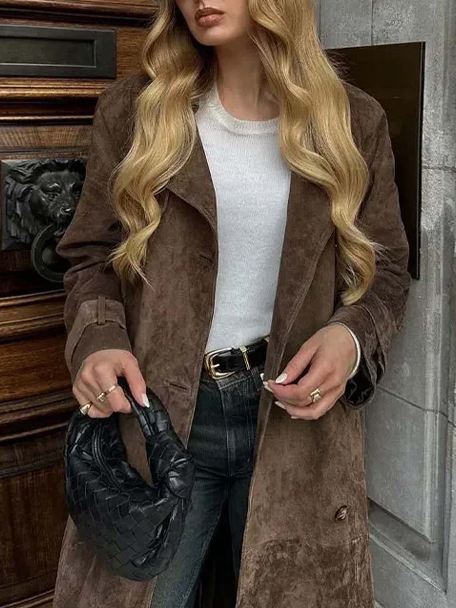 Women's Double-Breasted Lapel Suede Trench Coat