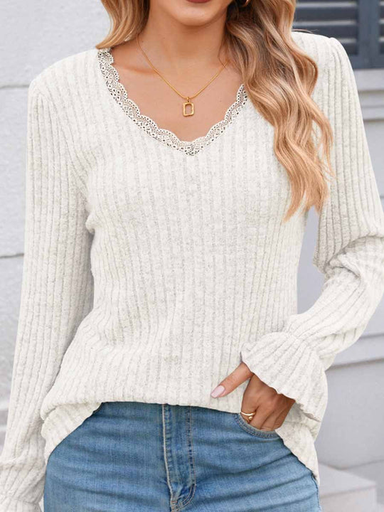 Ribbed Lace Collar Long-sleeved Bottoming Sweater