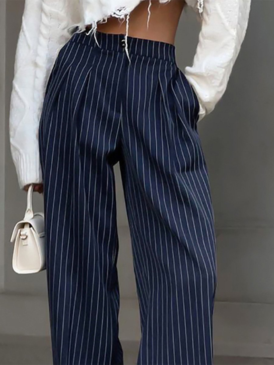 Casual Navy Blue Striped Wide-leg Pants