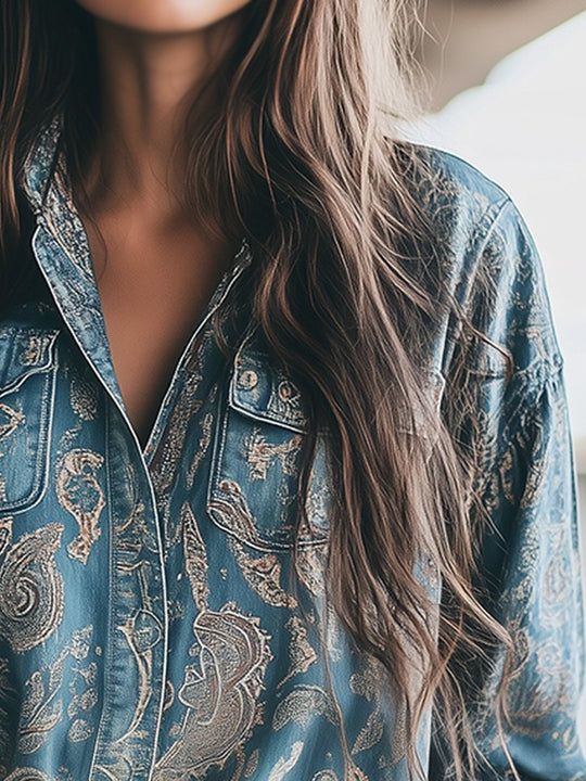 Casual Vintage Perris Print Denim Shirt