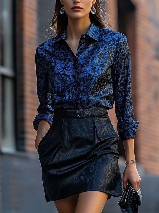 Midnight Blue Elegance: Patterned Shirt