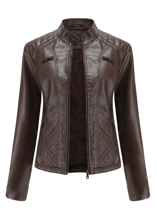 Women's Stand Collar Casual Leather Jacket