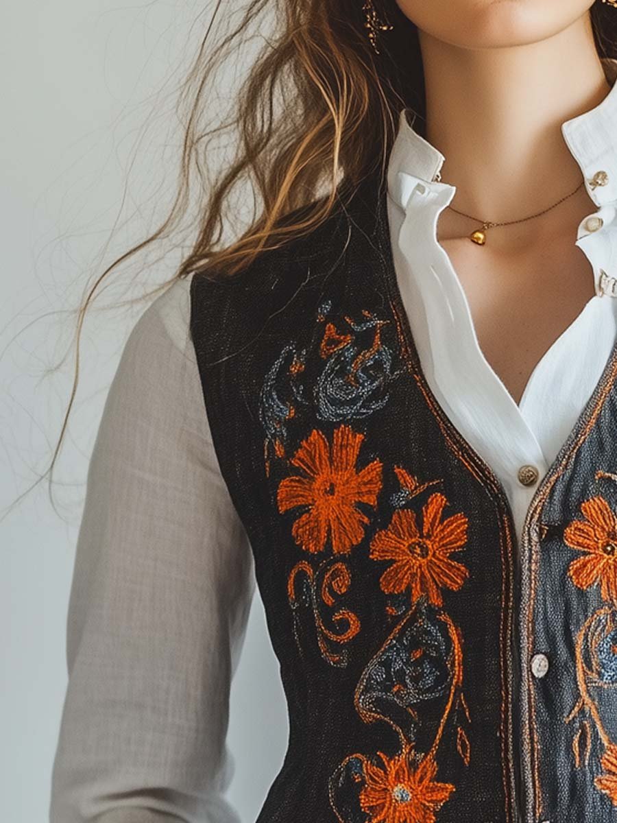 Dark Linen Floral Embroidered Button-Up Vest