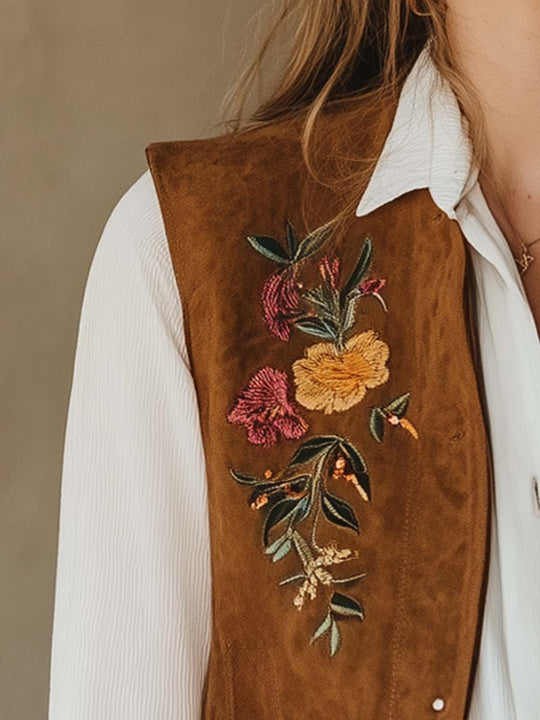 Vintage Contrast Trim Flower Embroidered Pockets Suede Vest