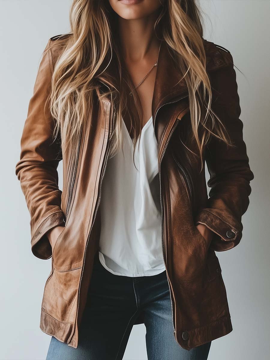Women's Faux Leather Motorcycle Jacket - Lapel Collar With Pockets, Plus Sizes Available