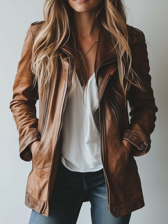 Women's Vintage Lapel Zipper Leather Jacket