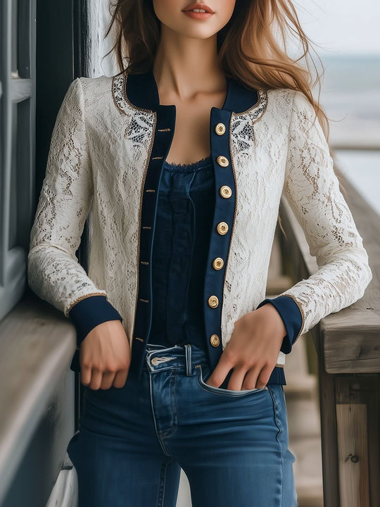 Chic Constract Trim Hollow-out Lace Button Down Jacket