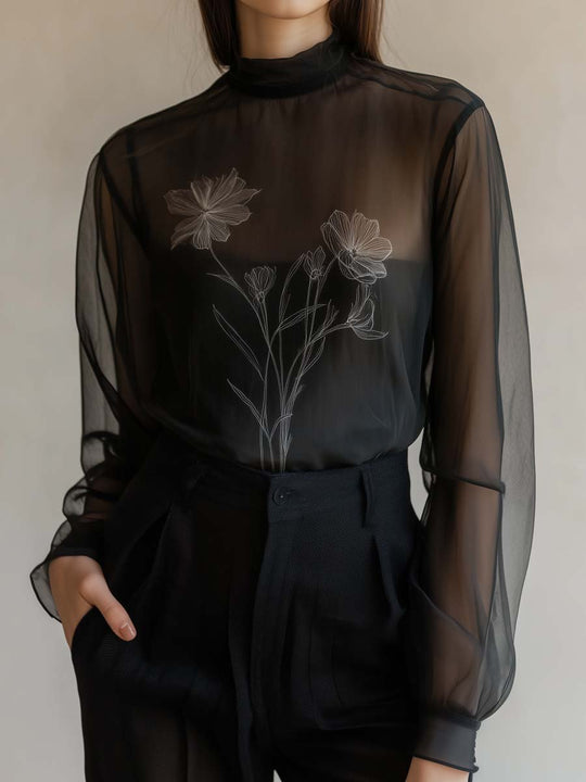 Sheer Black High-Neck Floral Blouse