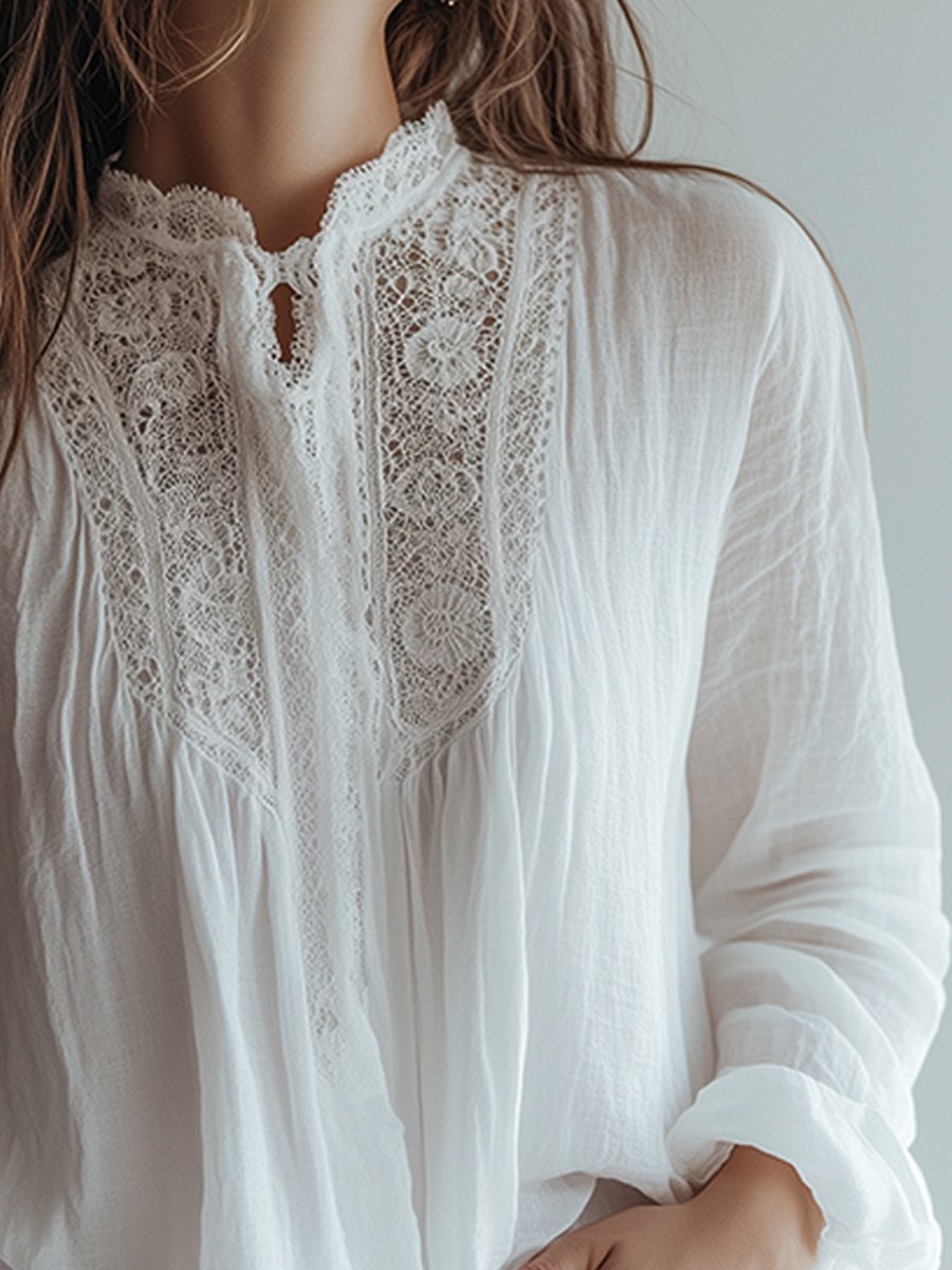 White Lace Stand Collar Linen Long Sleeve Shirt