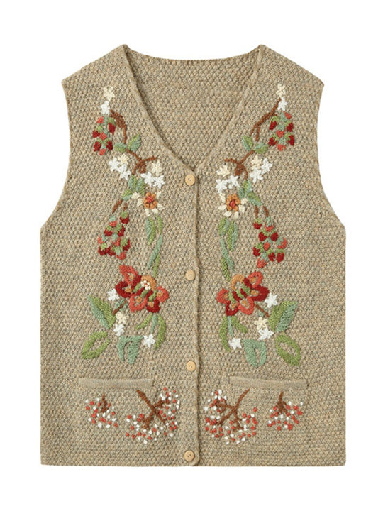 Wool Hand-embroidered Loose Retro V-neck Vest