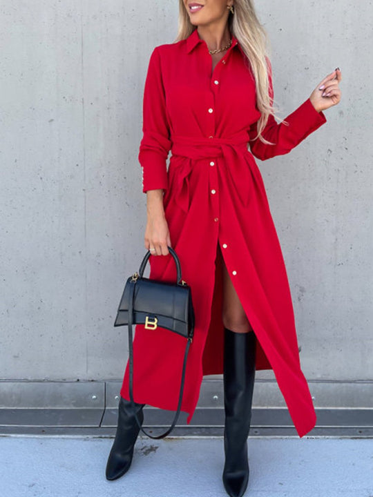 Solid Color Cardigan Long Sleeve Swing Maxi Dress