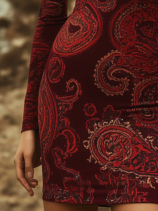 Long Sleeve High Collar Paisley Bodycon Dress