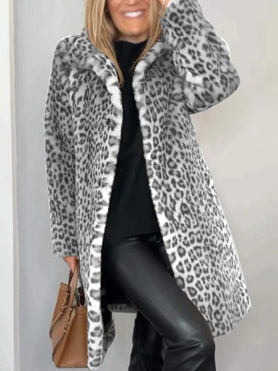 Fashionable Leopard Print Plush Mid-length Coat