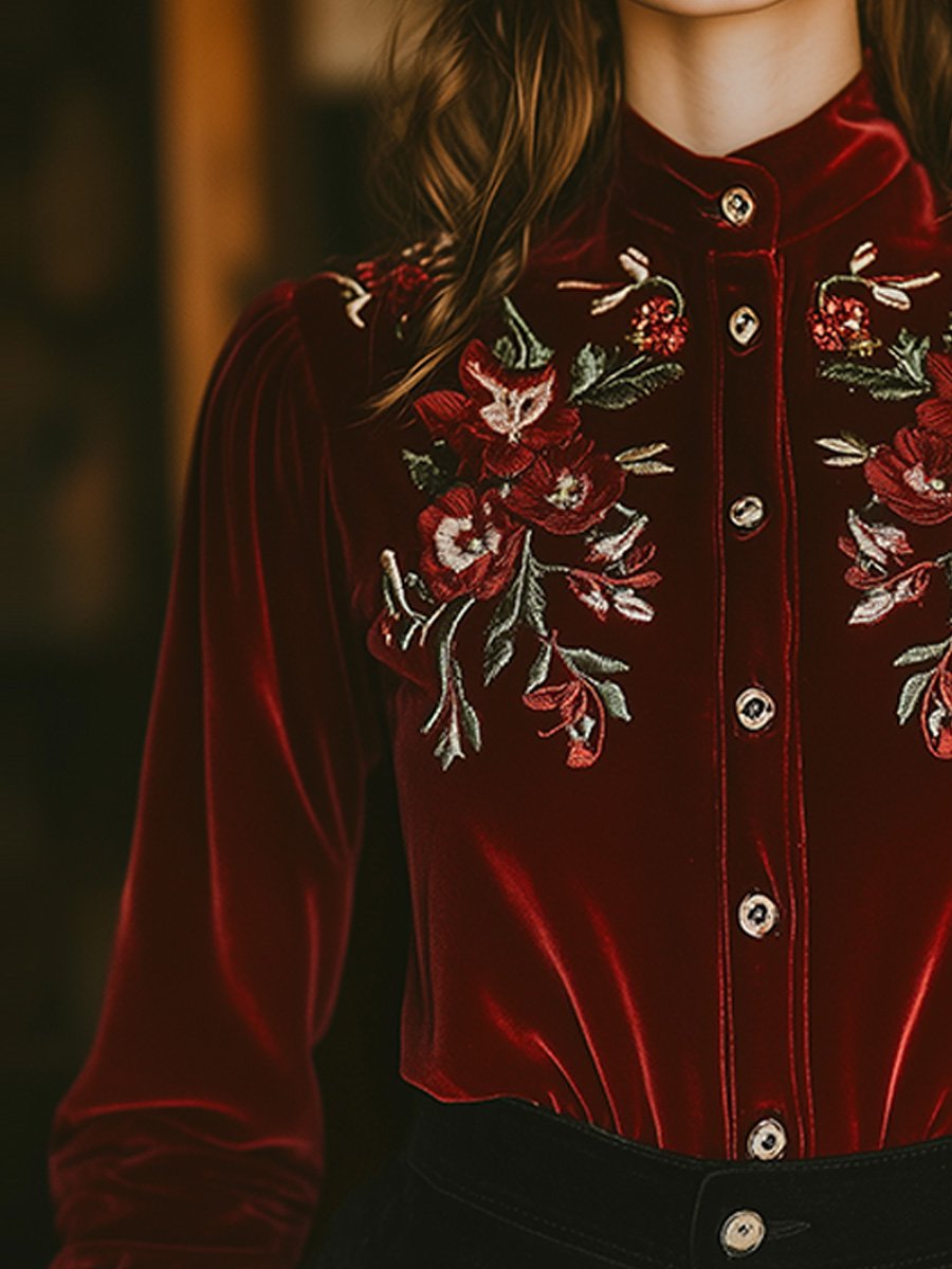 Casual Vintage Embroidered Velvet Stand Collar Shirt