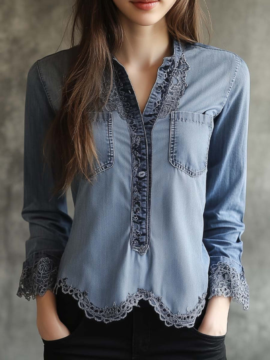 Women's Vintage Denim Lace Hem Long Sleeve Shirt