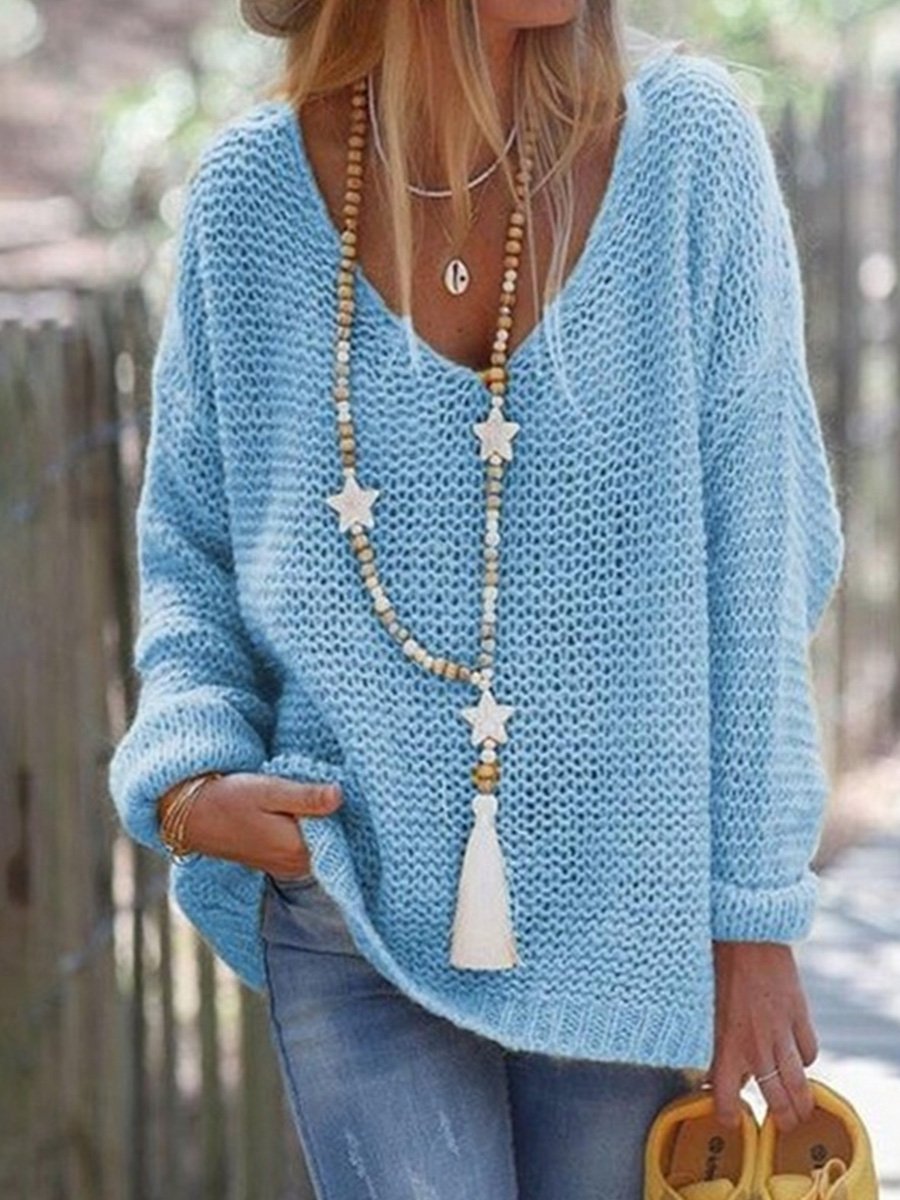 Casual Loose Long-sleeved V-neck Knitted Pullover