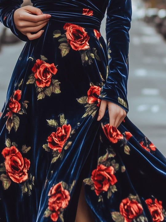 Blue Velvet V-neck Retro Rose Print Maxi Dress with Wide Hem