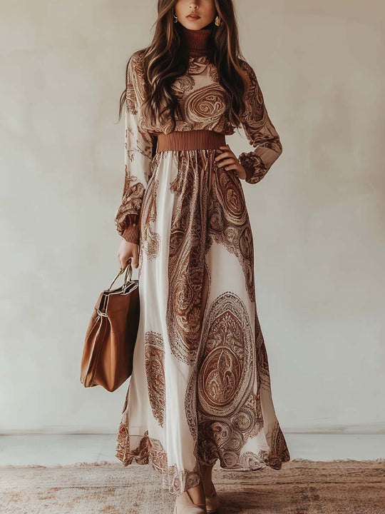 Women's Retro Paisley Long Sleeve Maxi Dress