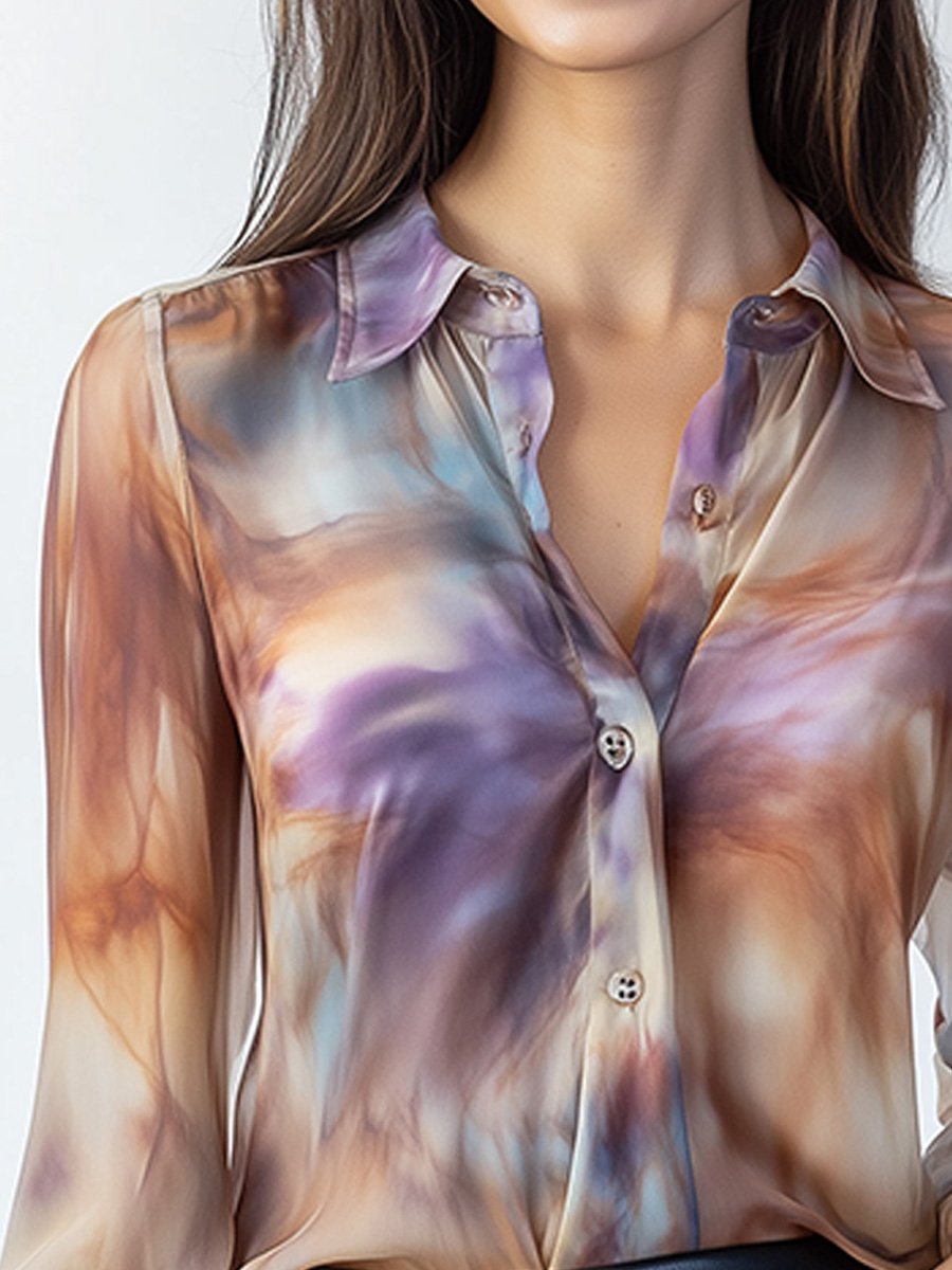 Retro Fashion Tie-Dye Satin Long Sleeve Shirt