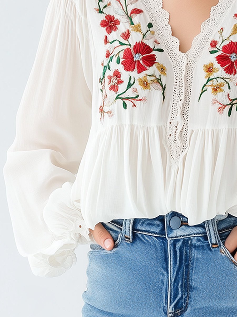 Romantic Floral Embroidered Scallop V-Neck Blouse