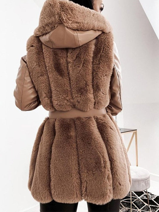 Hooded Solid Zippered Belt Faux Fur Coat Jacket