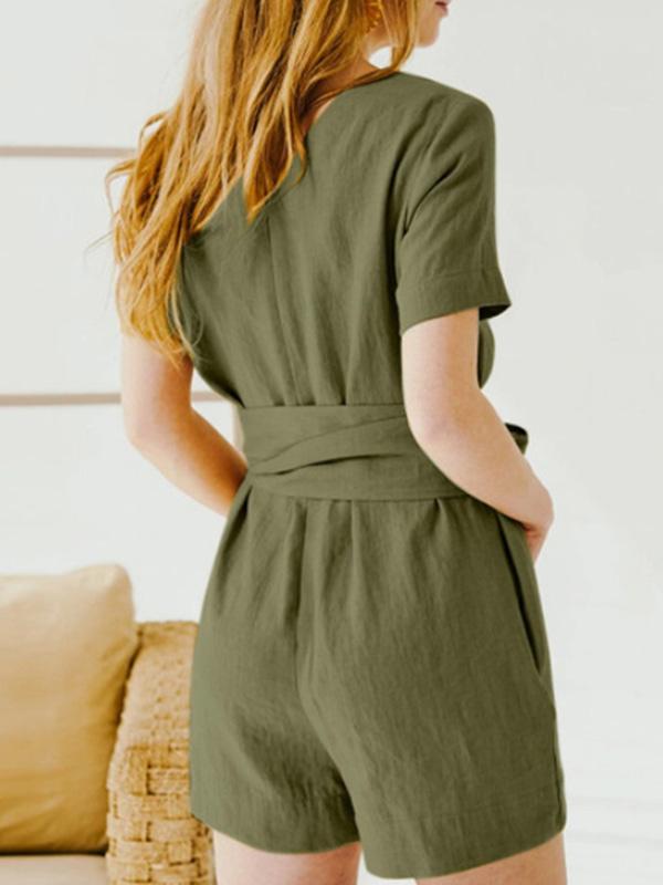 Casual Cotton and Linen Solid Color Belted Jumpsuit