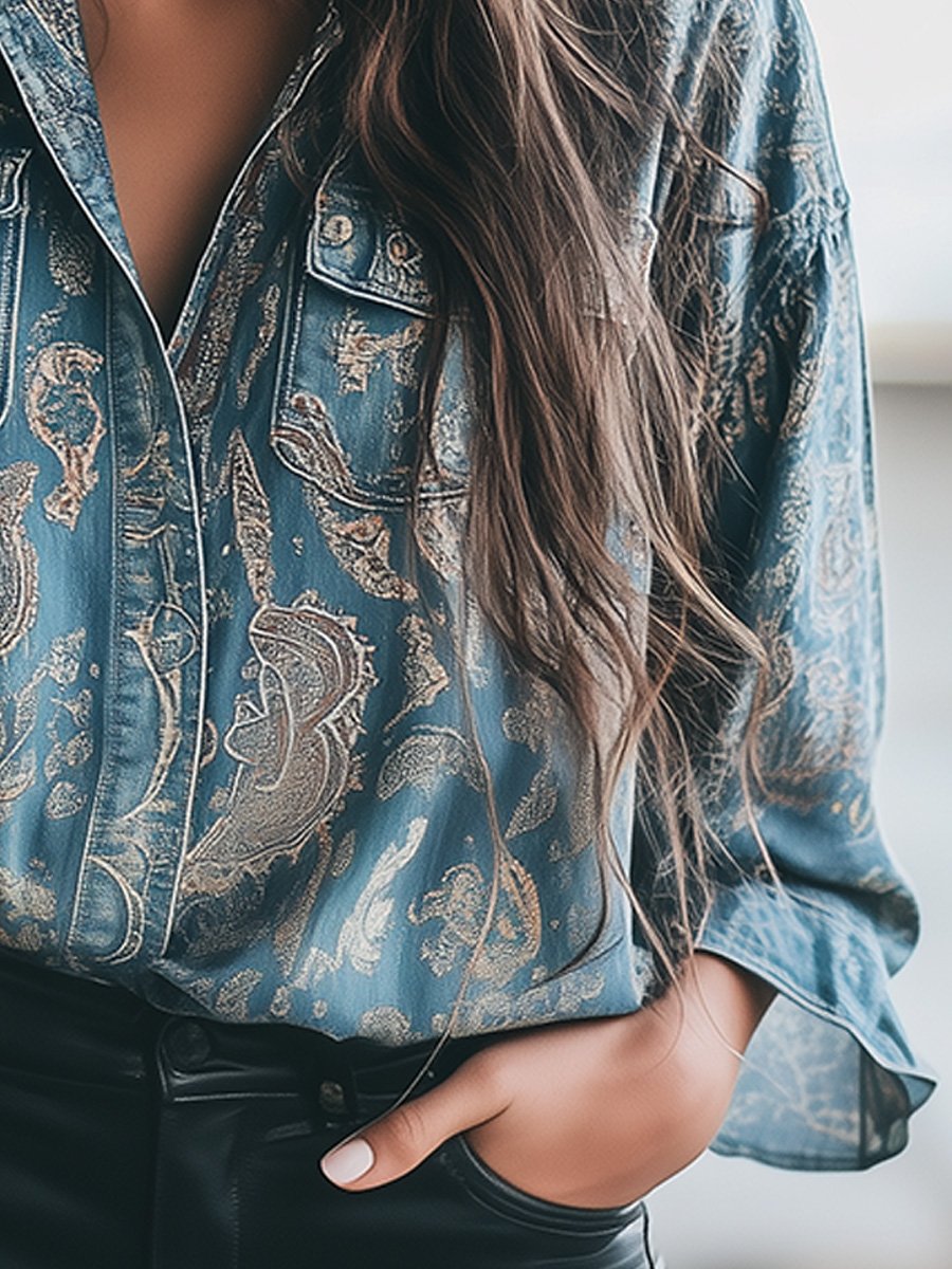 Casual Vintage Perris Print Denim Shirt