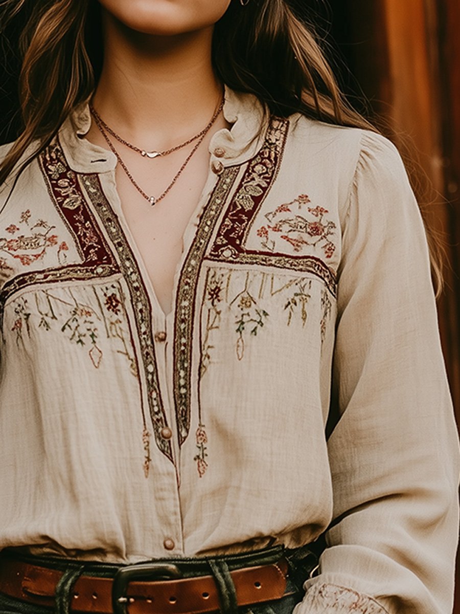 Bohemian Embroidered Beige Cotton and Linen Blouse