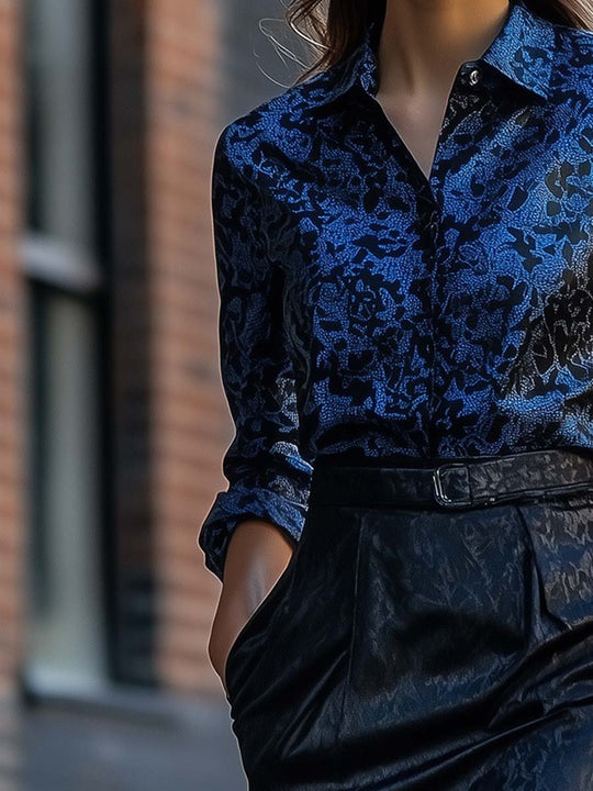 Midnight Blue Elegance: Patterned Shirt