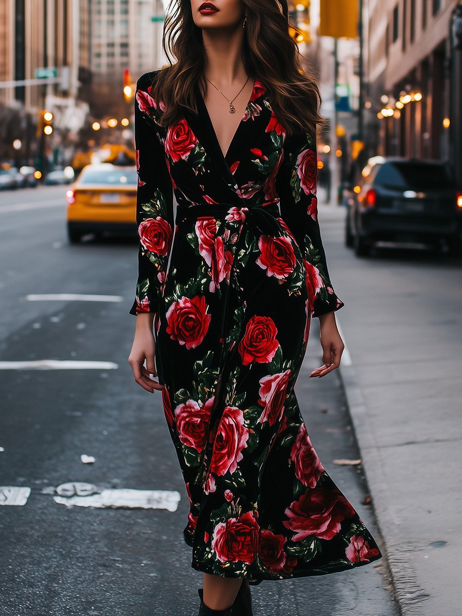 Elegant Retro V-neck Rose Print Maxi Dress