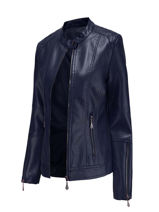 Women's Stand Collar Zipper Cuff Leather Jacket