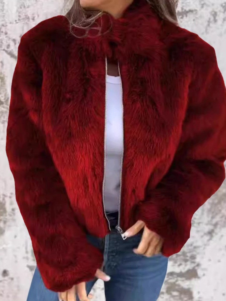 Chic Eco-friendly Faux Fur Stand Collar Zip-up Jacket