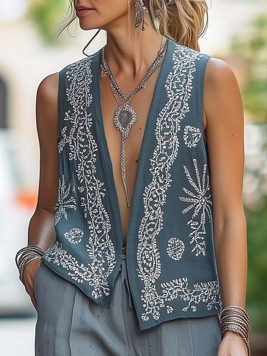 Embroidered Boho Open-Front Linen Vest