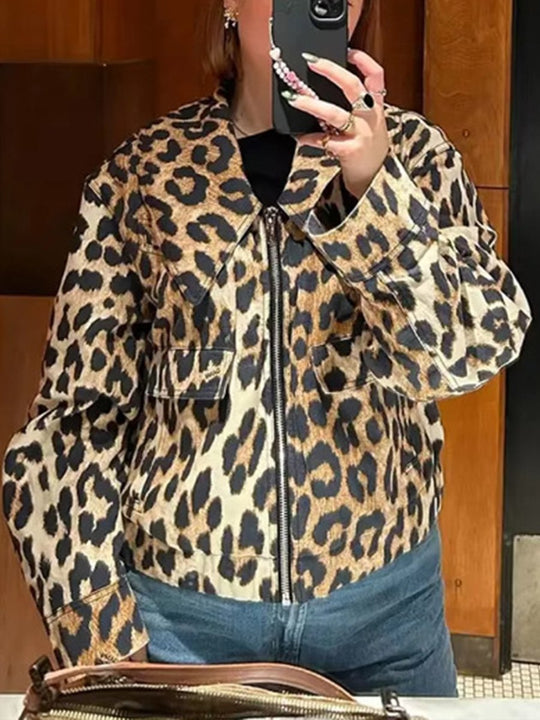 Fashionable Leopard Print Lapel Jacket