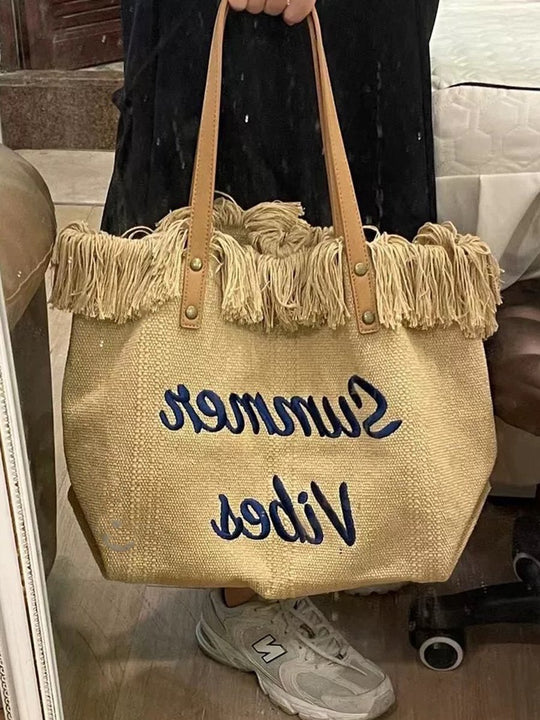 Embroidered Tassel Large Canvas Tote Bag