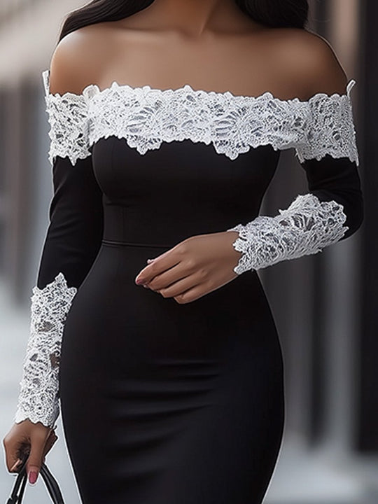 Elegant Lace One-shoulder Stitching Slim Midi Dress