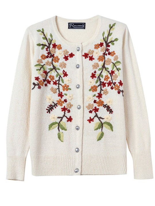 Hand-embroidered Crew Neck Wool Long-sleeved Cardigan