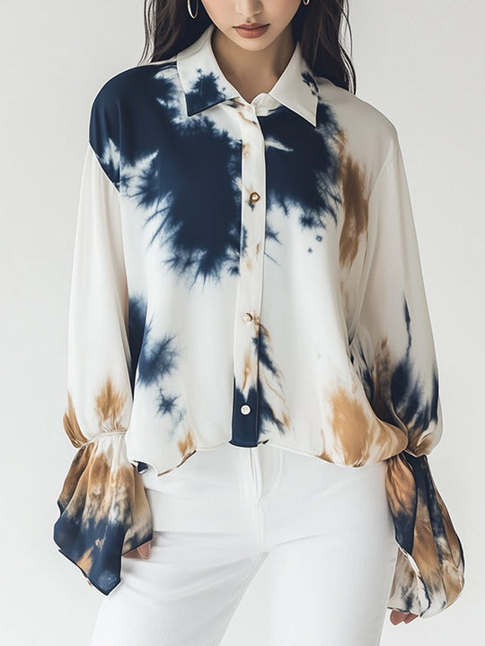 Artistic Tie-Dye Blouse with Flared Sleeves