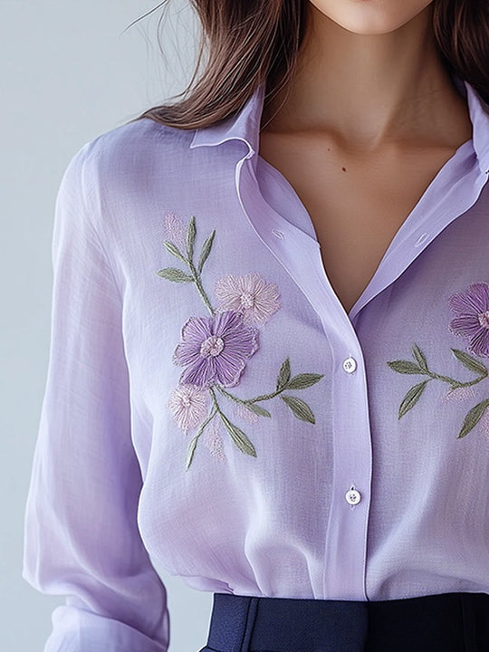 Lavender Floral Embroidered Sheer Button-Down Blouse