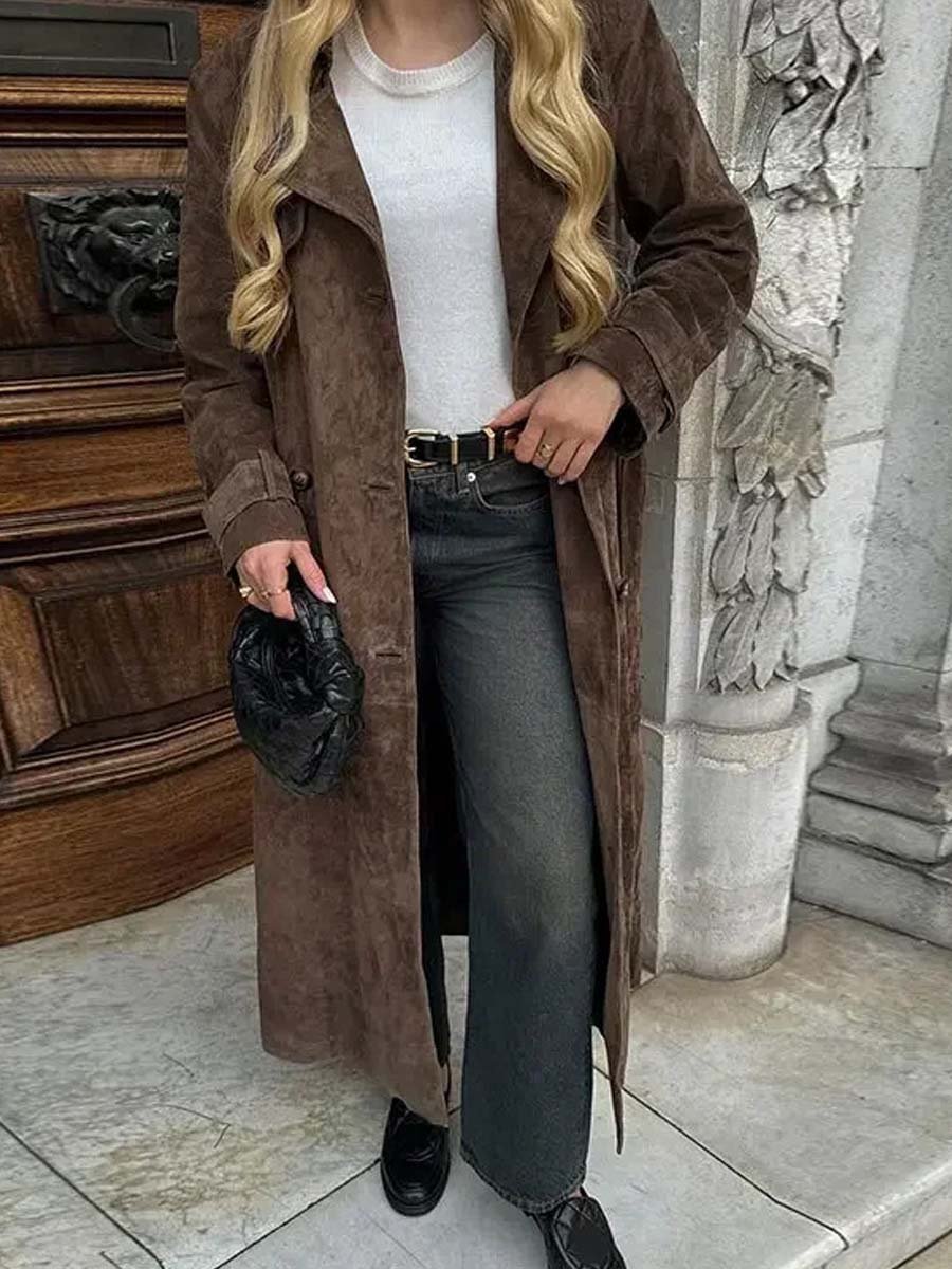 Women's Double-Breasted Lapel Suede Trench Coat