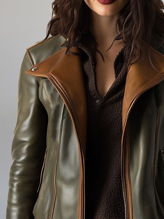 Women's Fashion Retro Colorblock Zipper Leather Jacket