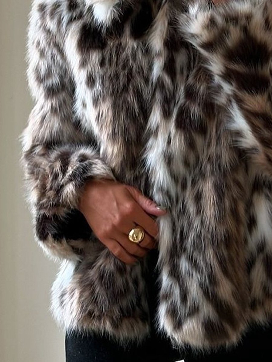 Fashion Leopard Print Lapel Faux Fur Coat