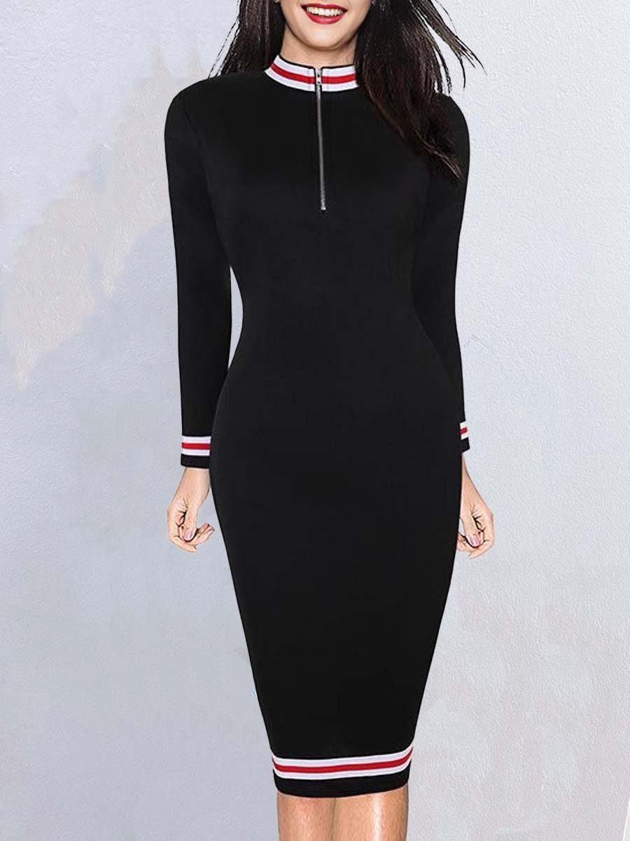 Women's Elastic Color Matching Slim Long Sleeve Bodycon Dress