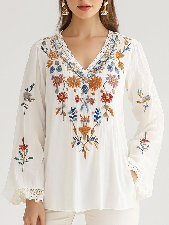 Elegant Floral Embroidered Tunic Blouse with Lace Accents