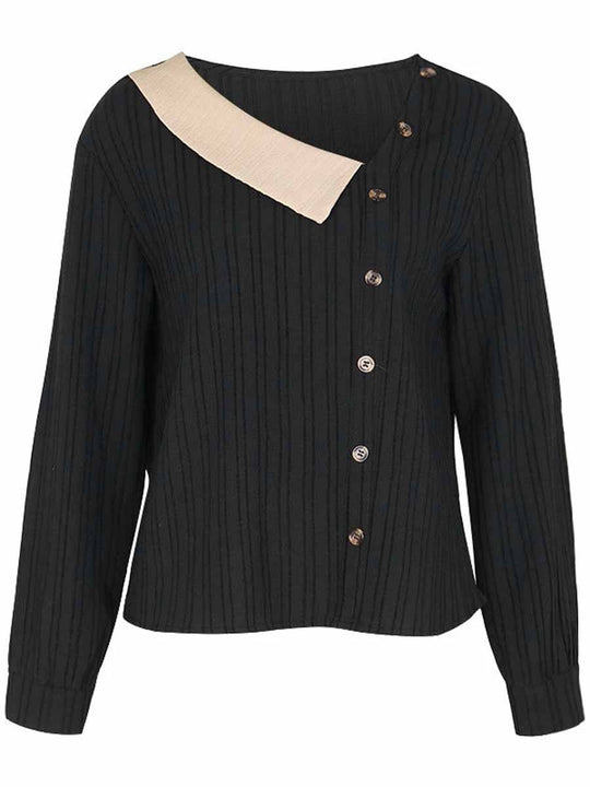 Contrast Button V-Neck Textured Long Sleeve Top