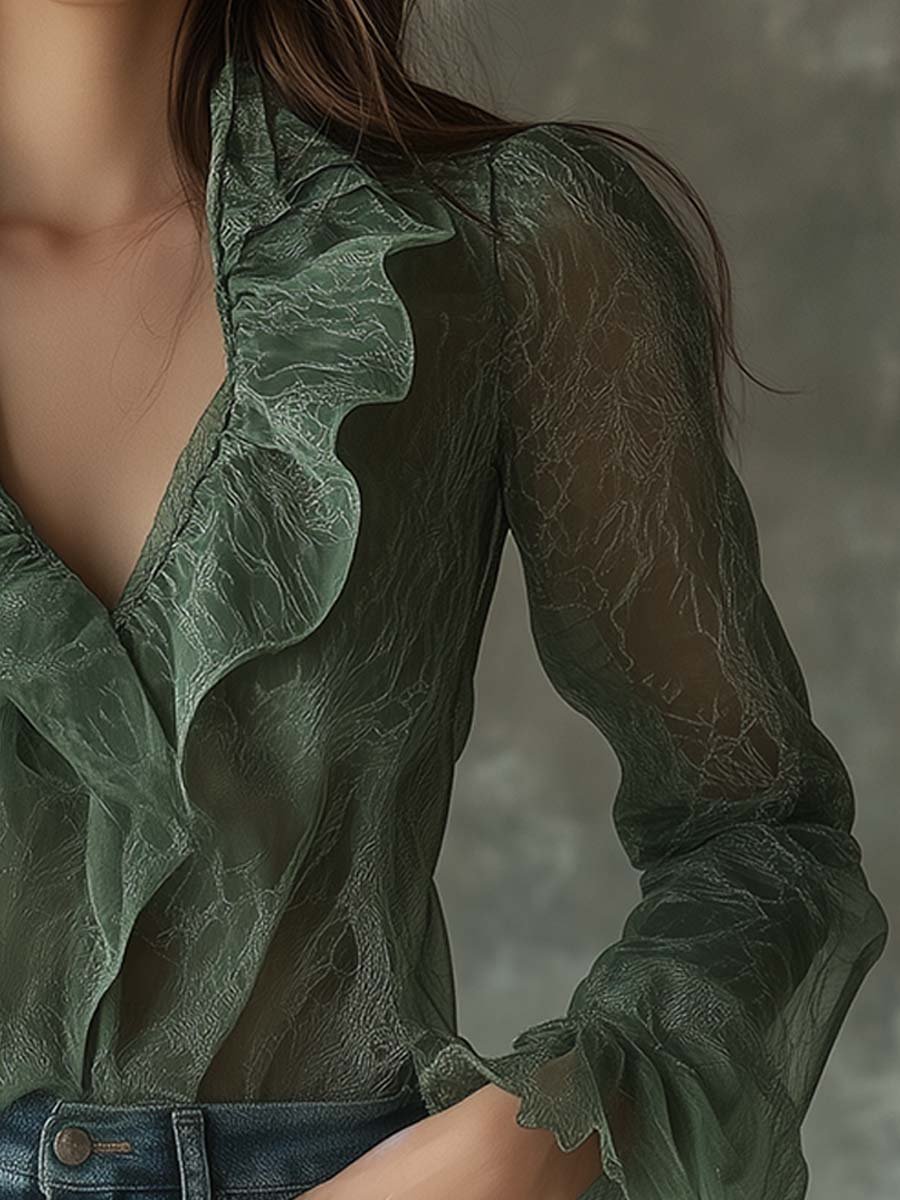 Romantic Green Ruffle Blouse