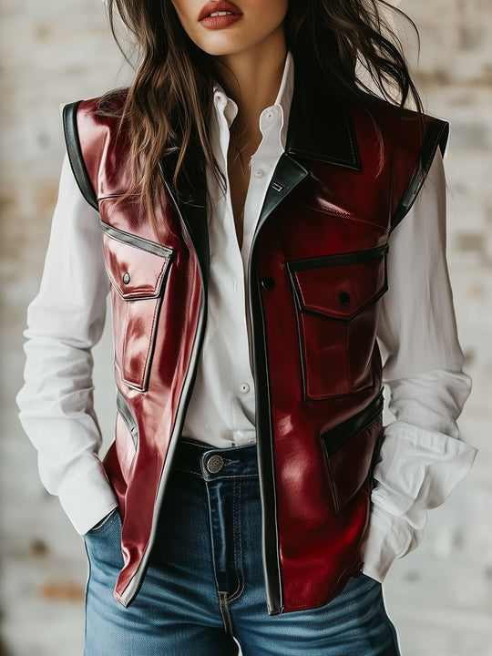 Chic Multiple-pockets Constract Trim Leather Biker Vest