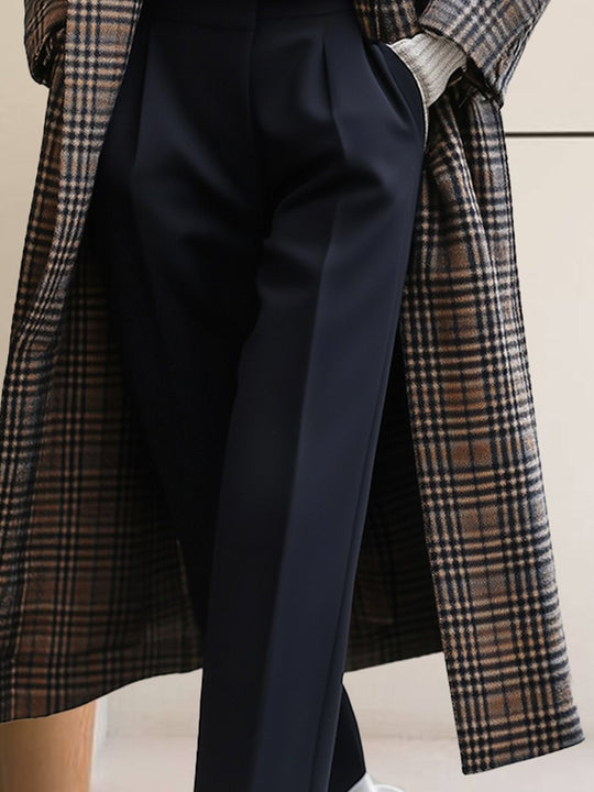 Stylish Plaid Wool Long Coat with Lapel