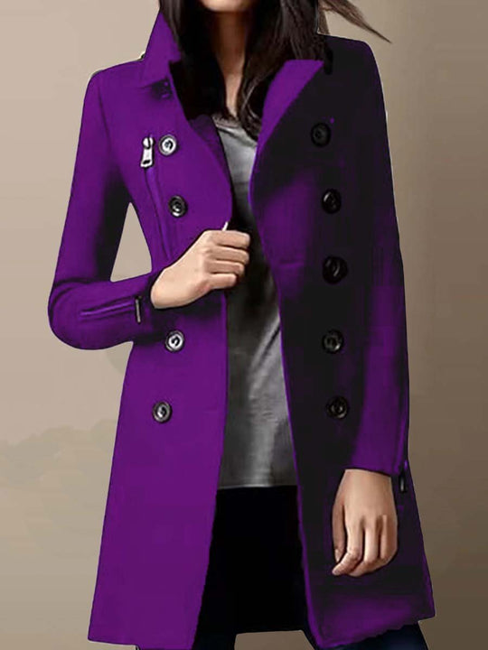 Women's Double-Breasted Multi-Pocket Woolen Coat